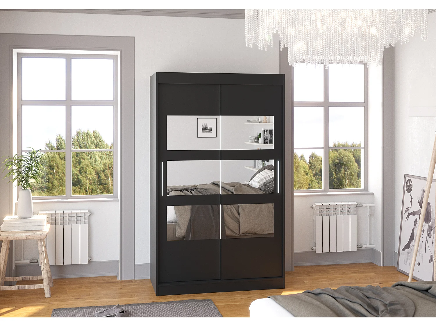 Petite armoire de chambre à coucher 2 portes coulissantes noir avec 6 miroir Kolida 120cm