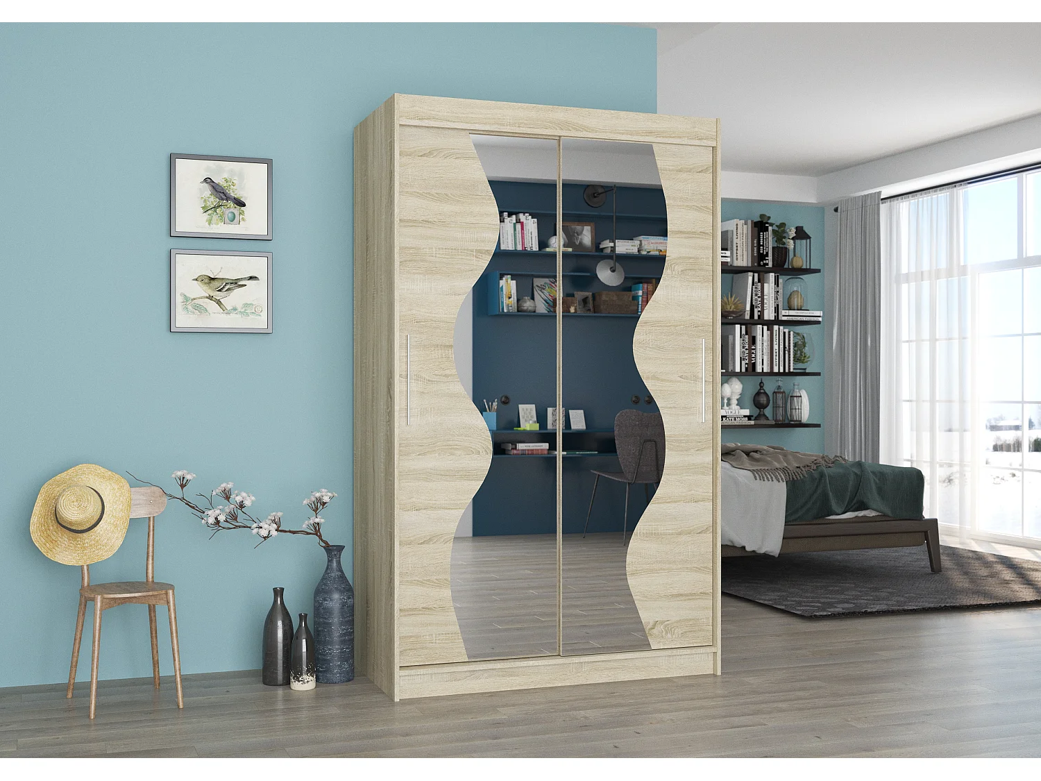 Petite armoire de chambre 2 portes coulissantes bois clair et miroir Vaguz 120cm