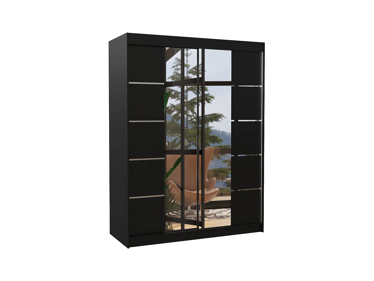 Slaapkamerkast met 2 schuifdeuren in zwart hout en Norka spiegel 150 cm