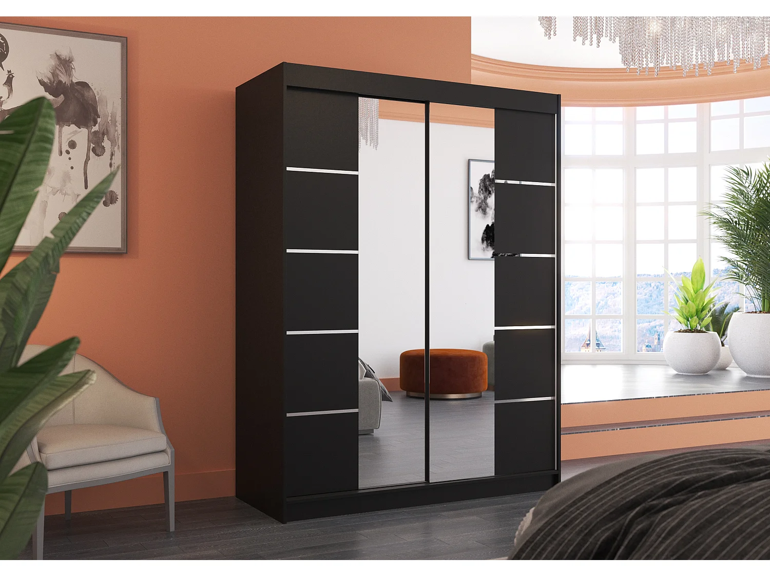 Armoire de chambre 2 portes coulissantes bois noir et miroir Norka 150cm