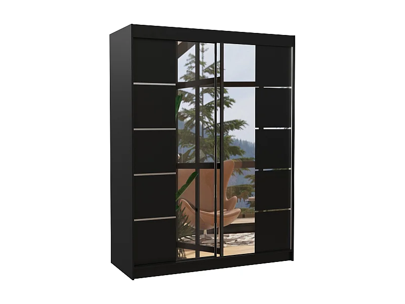 Armoire de chambre 2 portes coulissantes bois noir et miroir Norka 150cm