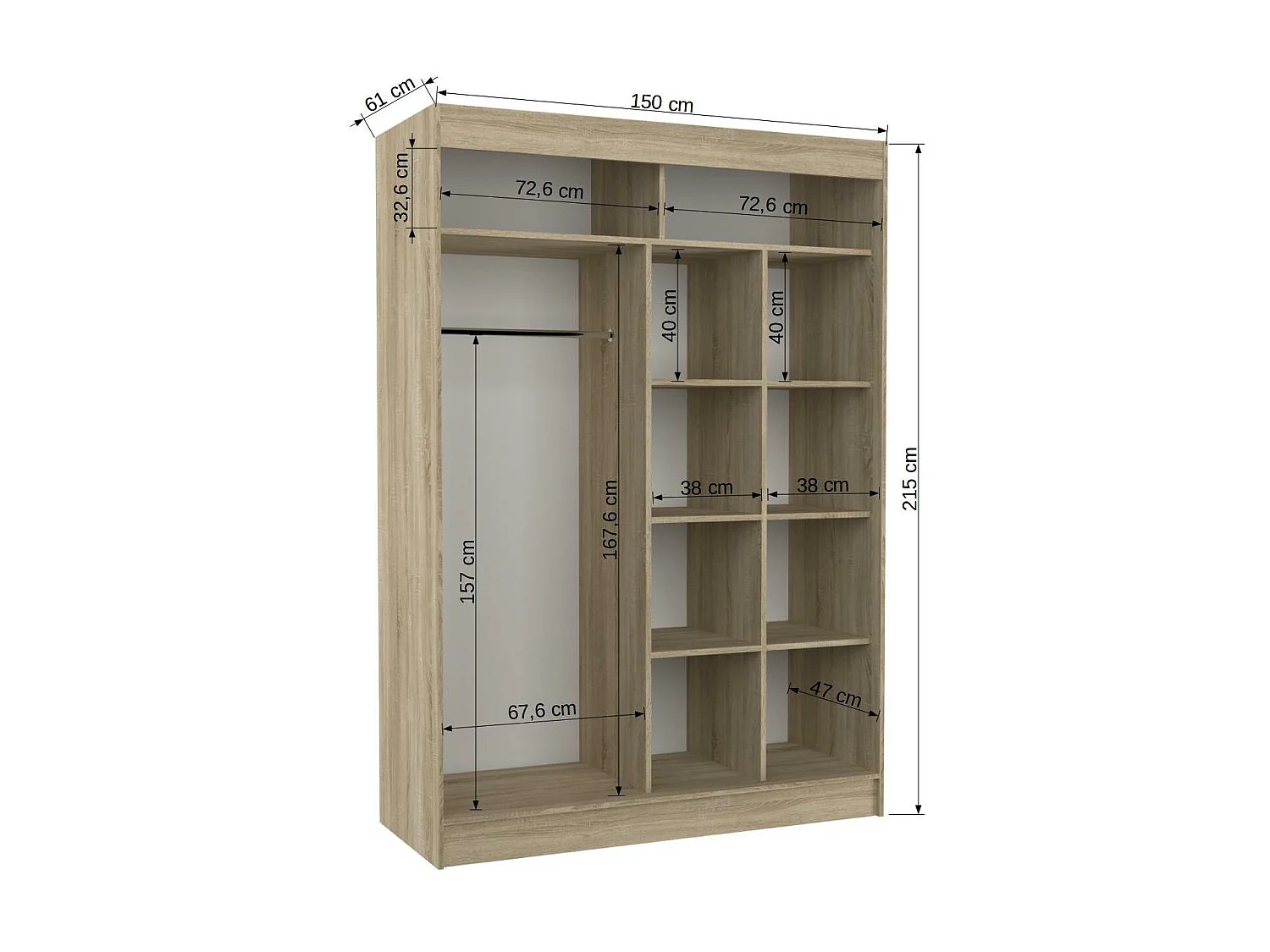Armoire de chambre à portes coulissantes bois clair mat et blanc laqué Karola - 3 tailles-Largeur 200 cm