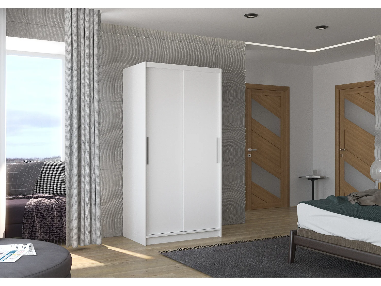 Petite armoire de chambre à coucher blanche 2 portes coulissantes Kilane 100cm