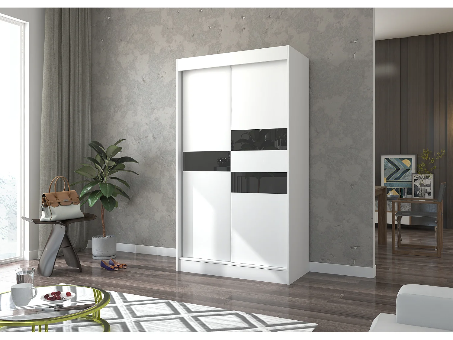 Armoire de chambre à portes coulissantes bois blanc mat et noir laqué Korza - 3 tailles-Largeur 120 cm