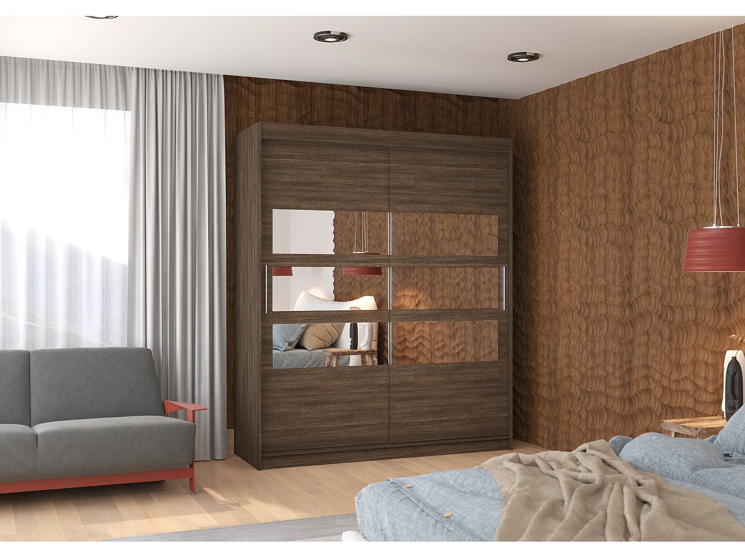 Armoire de chambre à coucher 2 portes coulissantes marron et 6 miroirs horizontaux Dolena 180cm