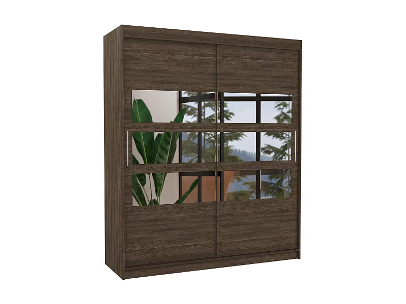 Armoire de chambre à coucher 2 portes coulissantes marron et 6 miroirs horizontaux Dolena 180cm