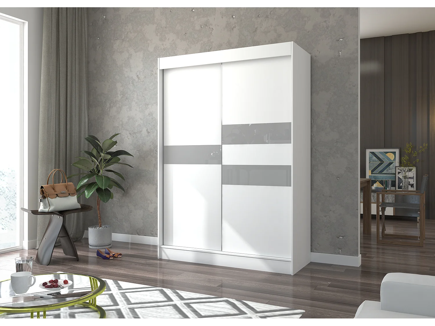 Armoire de chambre à portes coulissantes bois blanc mat et gris laqué Korza - 3 tailles-Largeur 120 cm