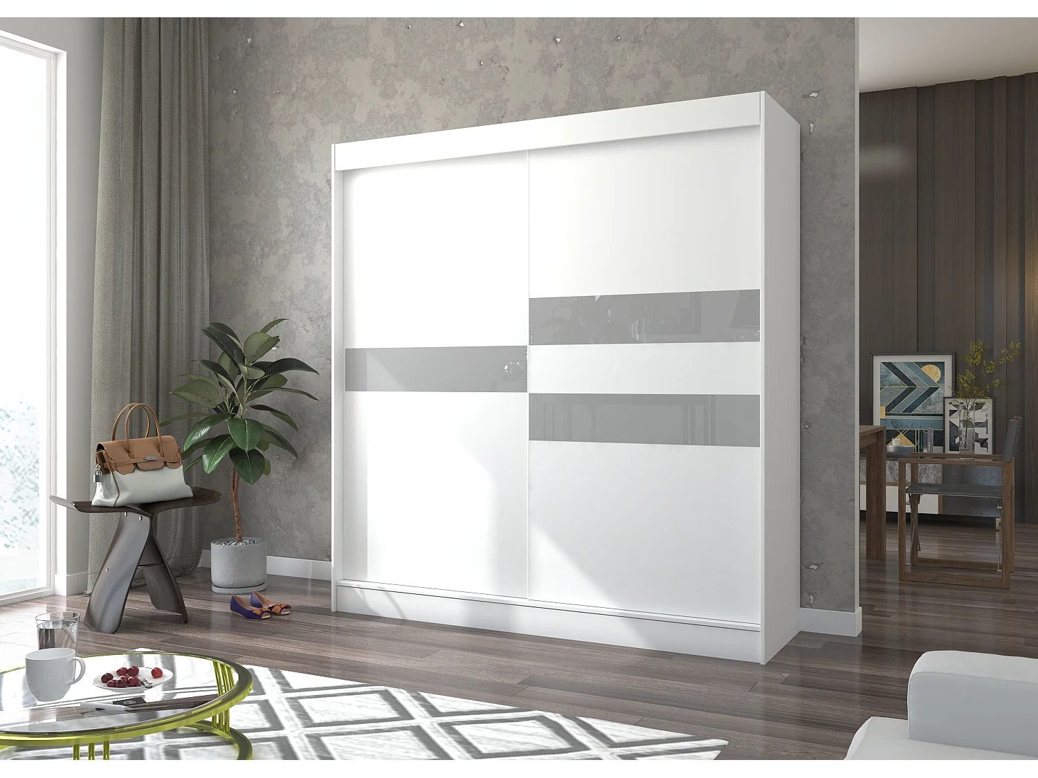 Armoire de chambre à portes coulissantes bois blanc mat et gris laqué Korza - 3 tailles-Largeur 120 cm
