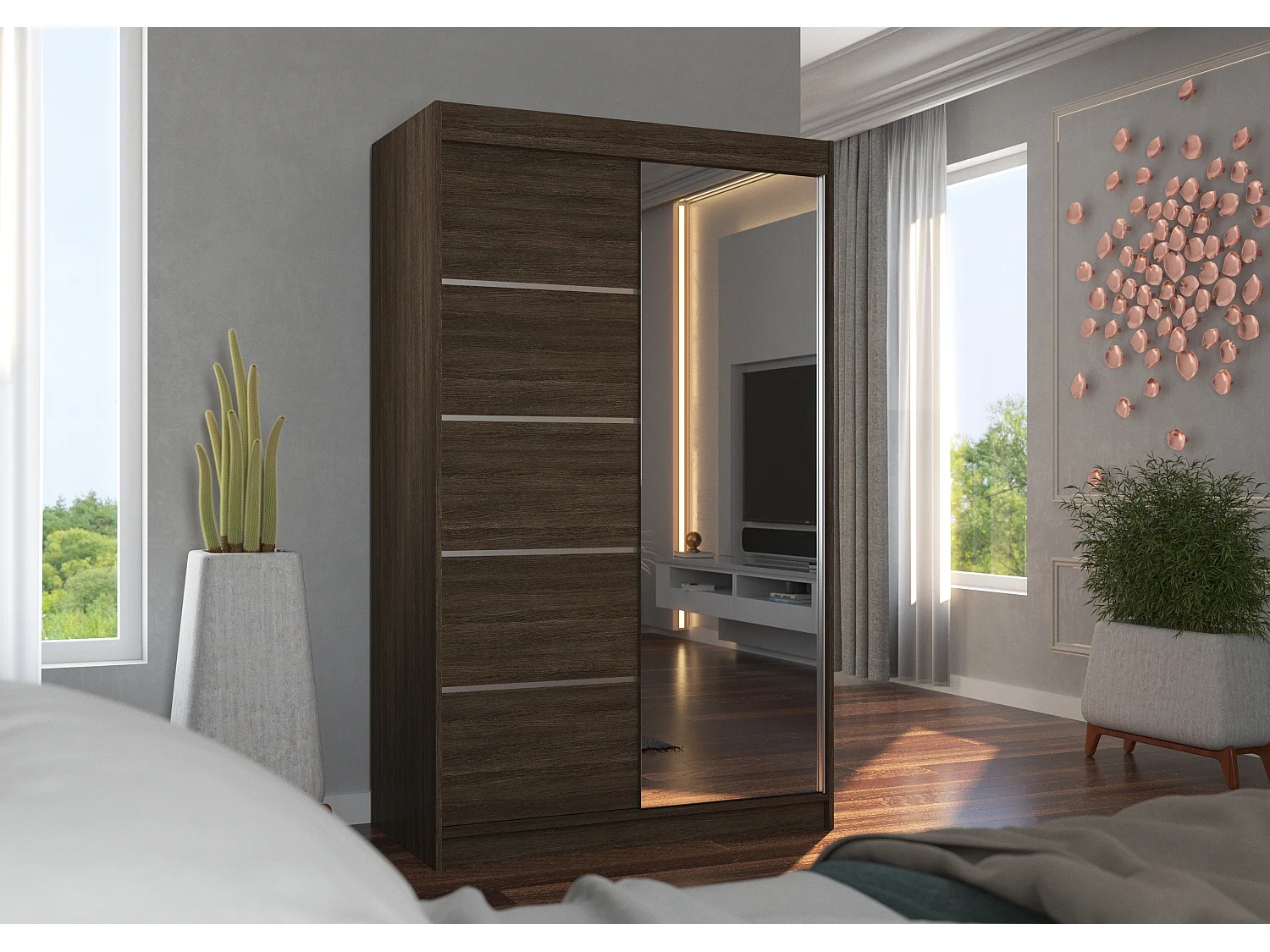 Petite armoire de chambre 2 portes coulissantes bois foncé et miroir Noka 120cm