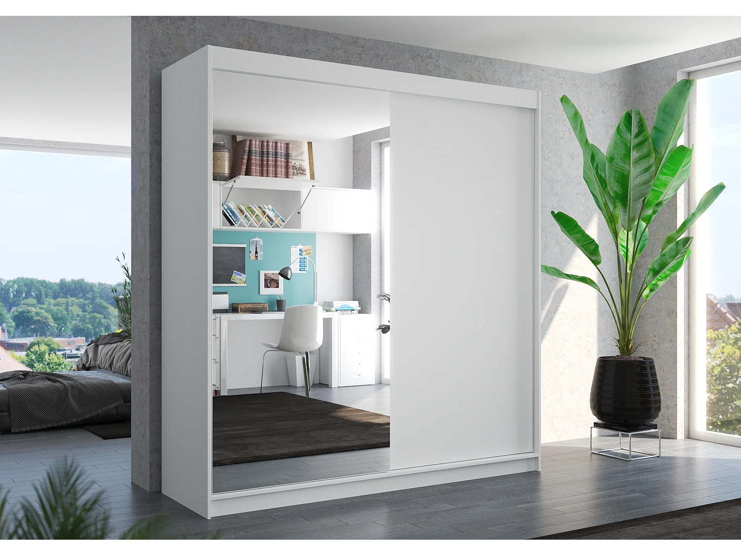Armoire moderne chambre adulte 2 portes coulissantes 1 blanche 1 miroir Davia 200cm