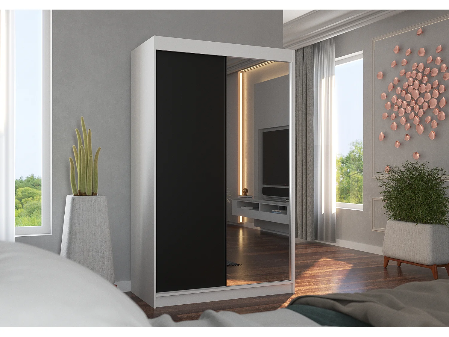 Petite armoire de chambre blanche 2 portes coulissantes 1 bois noir 1 miroir Roxane 120cm