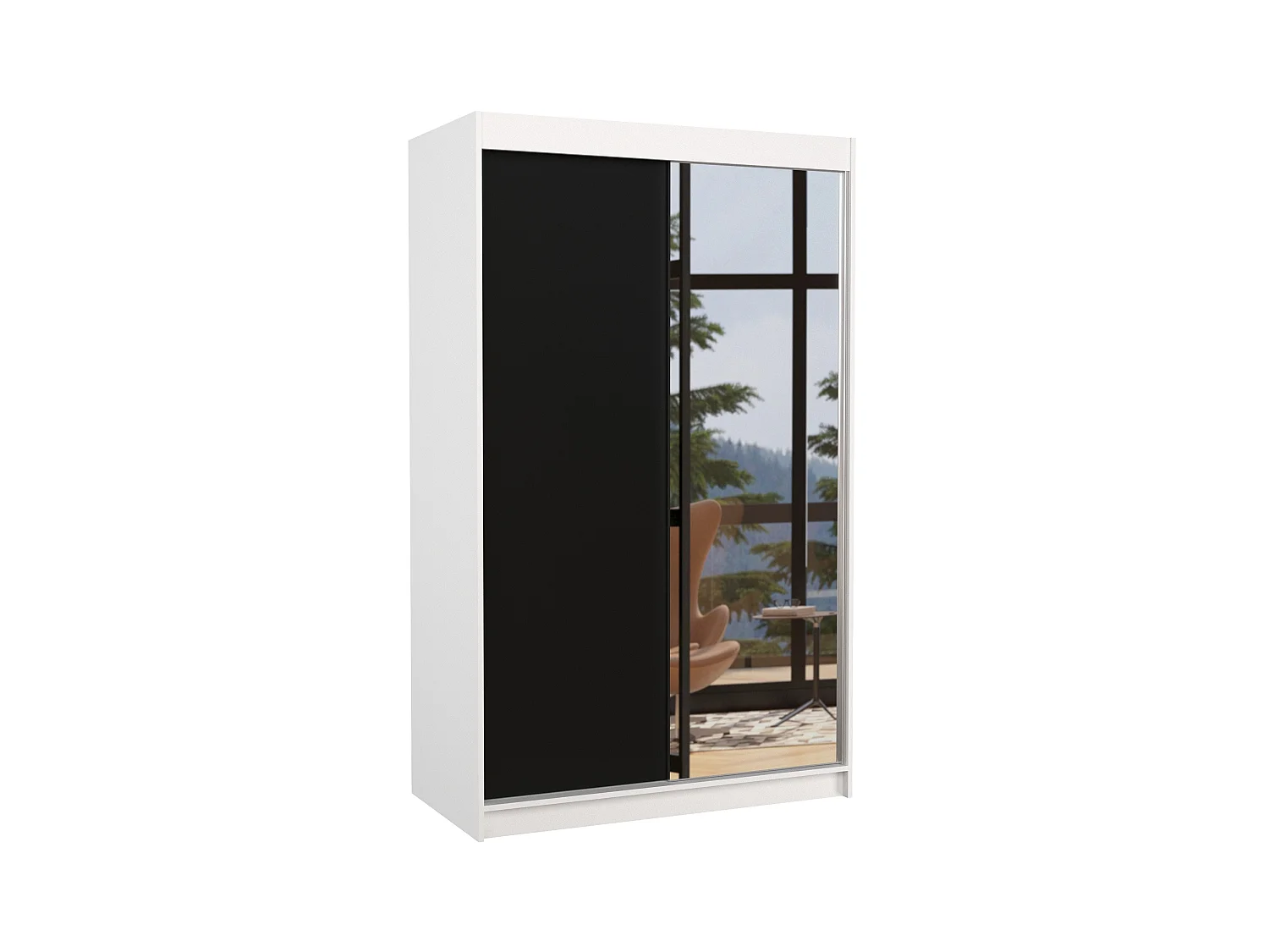 Petite armoire de chambre blanche 2 portes coulissantes 1 bois noir 1 miroir Roxane 120cm