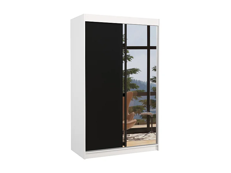 Petite armoire de chambre blanche 2 portes coulissantes 1 bois noir 1 miroir Roxane 120cm