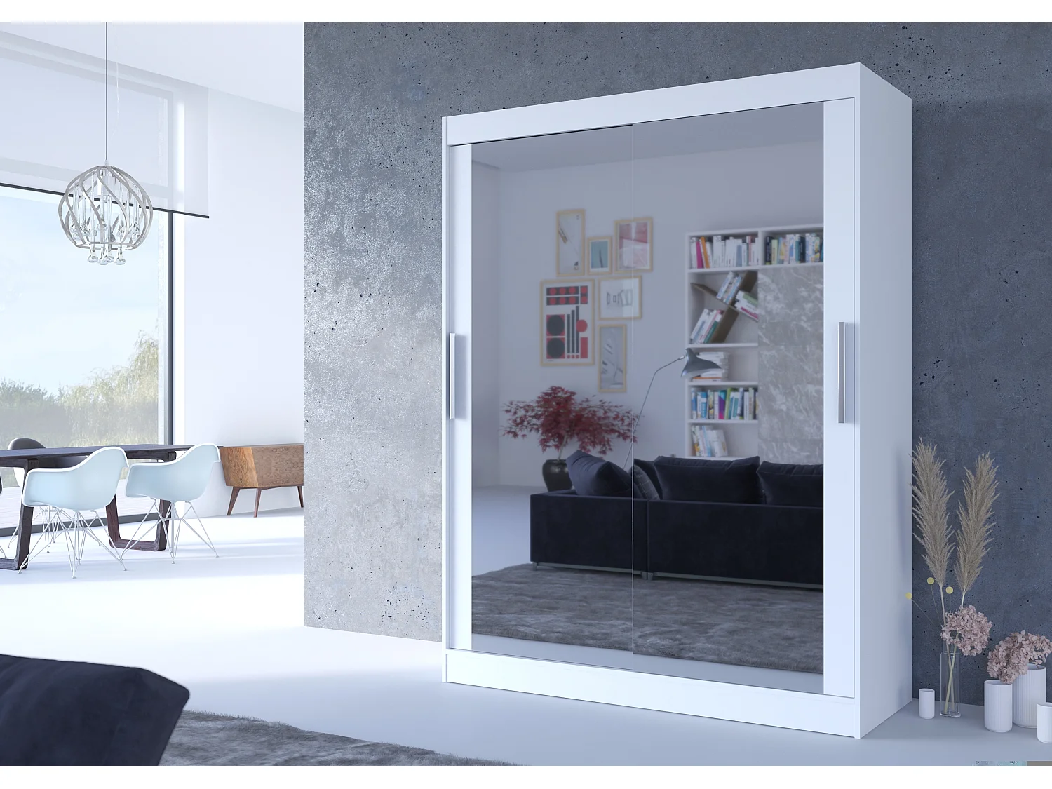 Armoire de chambre blanche 2 portes coulissantes avec miroir Prima 150cm