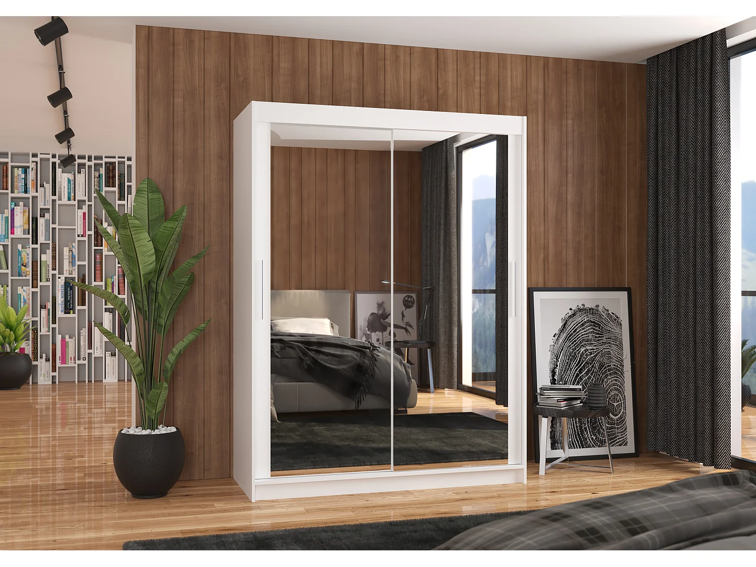 Armoire de chambre blanche 2 portes coulissantes avec miroir Prima 150cm