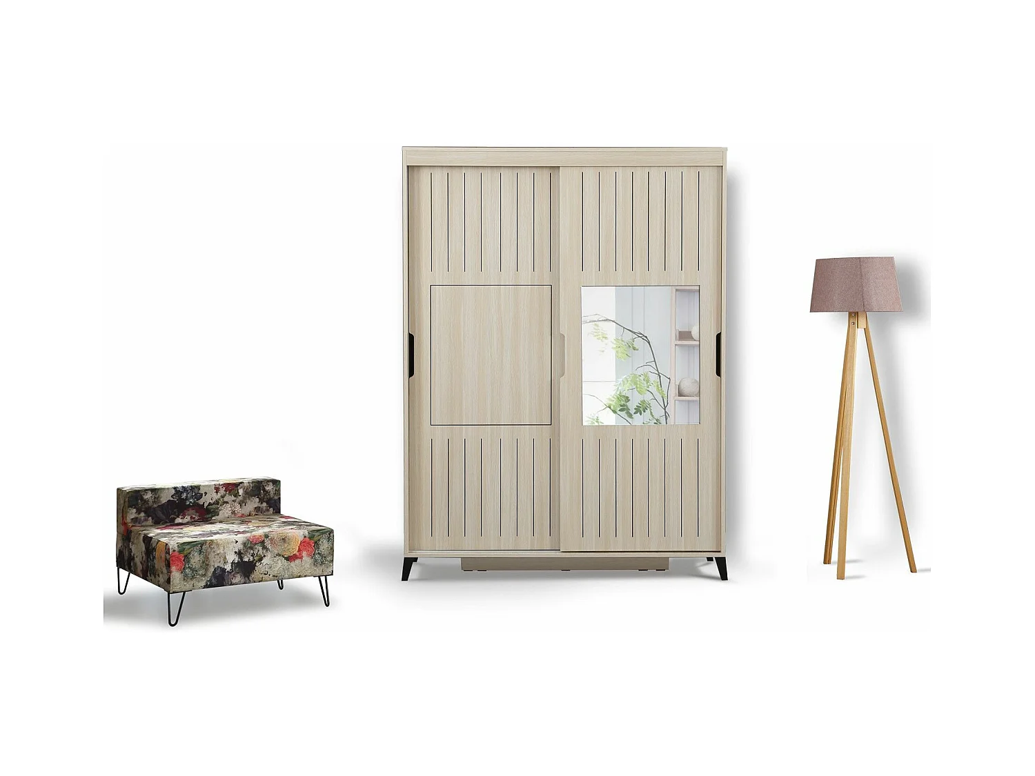Armoire 2 portes coulissantes avec miroir Olgin L130xH216cm Bois Chêne clair