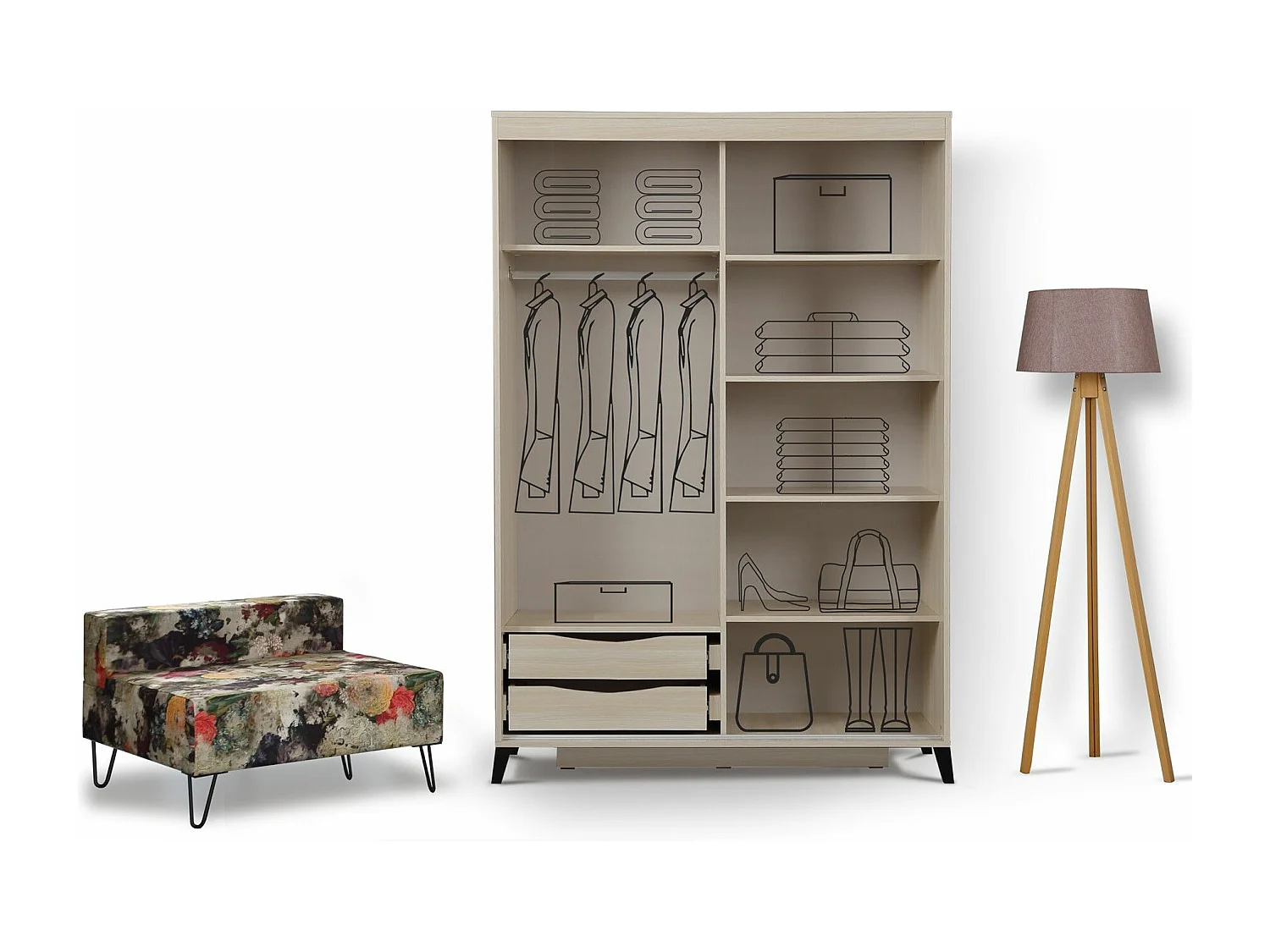 Licht eiken kledingkast voor volwassenen 2 schuifdeuren met spiegel Marka - 8 maten-Breedte 130cm