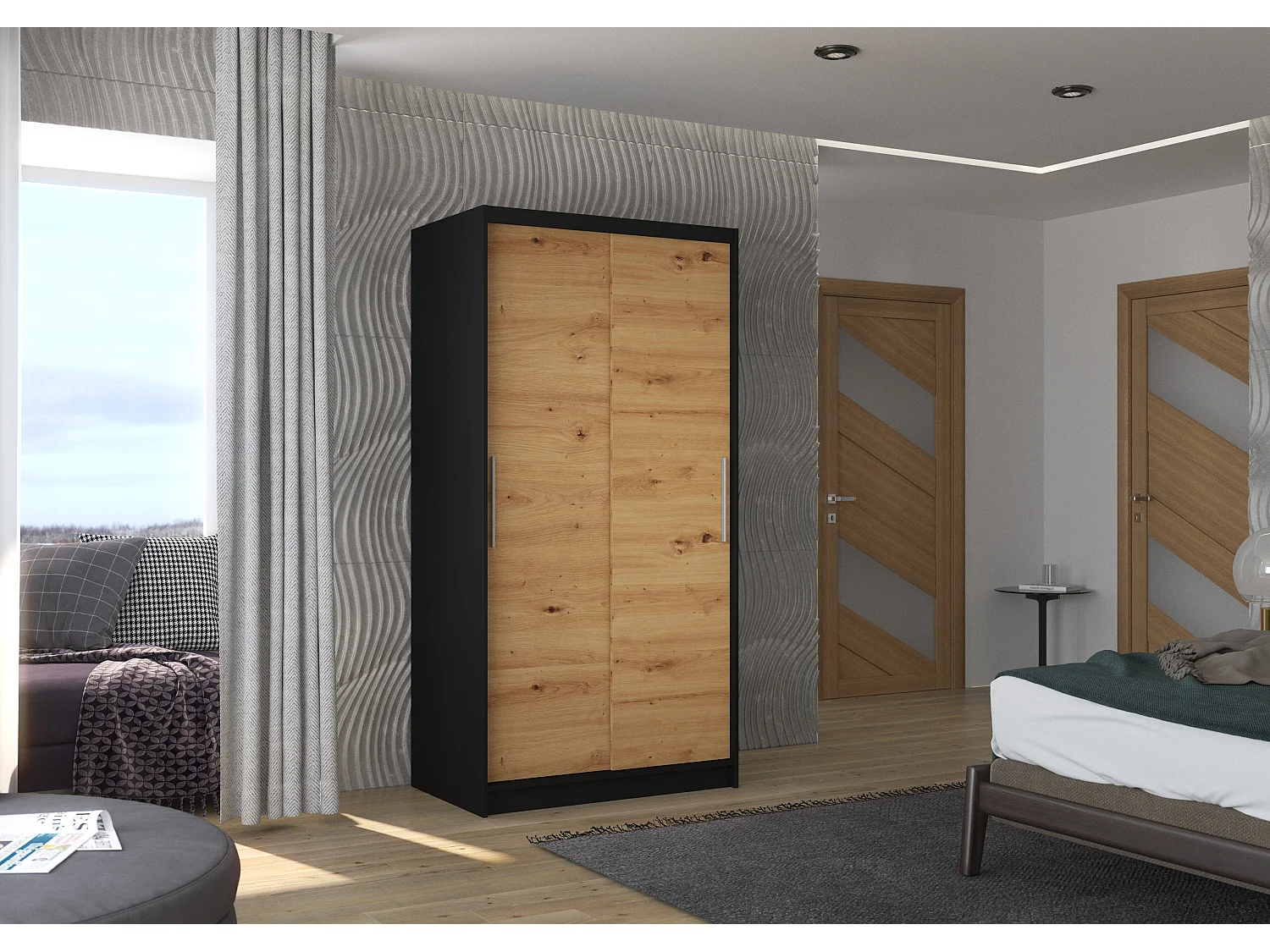 Petite armoire de chambre à coucher noir 2 portes coulissantes bois artisan Kilane 100cm