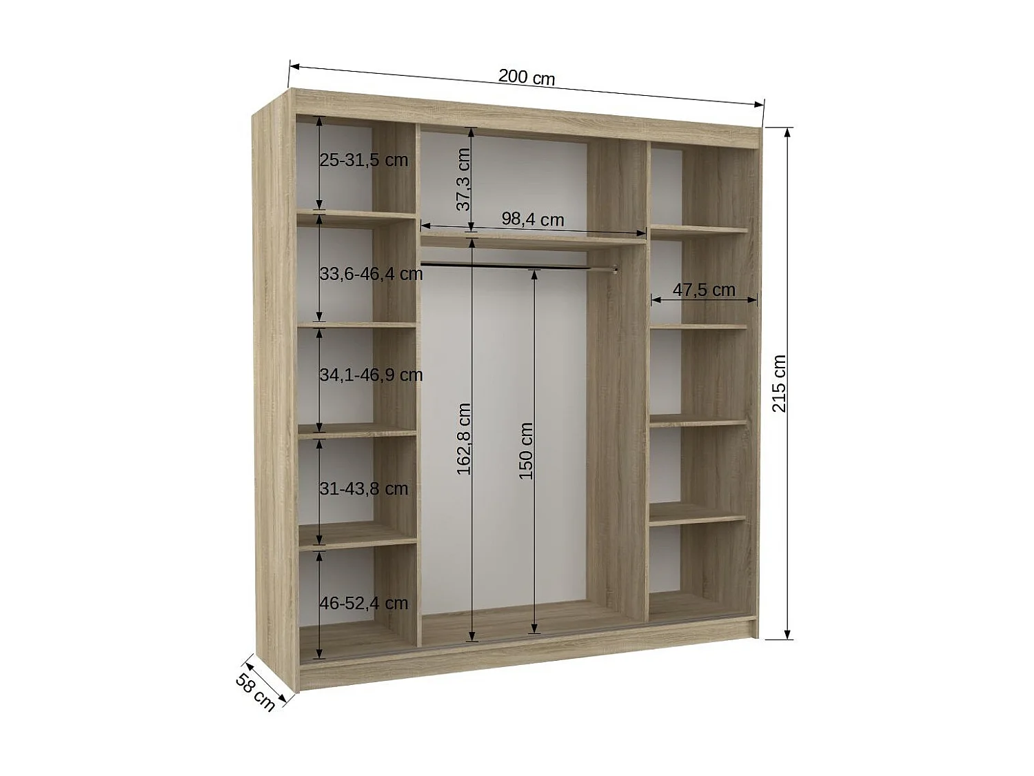 Armoire chambre adulte 2 portes coulissantes BAKER 200cm avec miroir-Blanc/Noir
