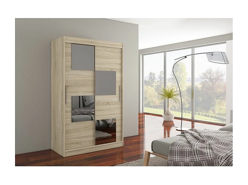 Petite armoire de chambre 2 portes coulissantes bois clair et 4 miroirs Luko 120cm