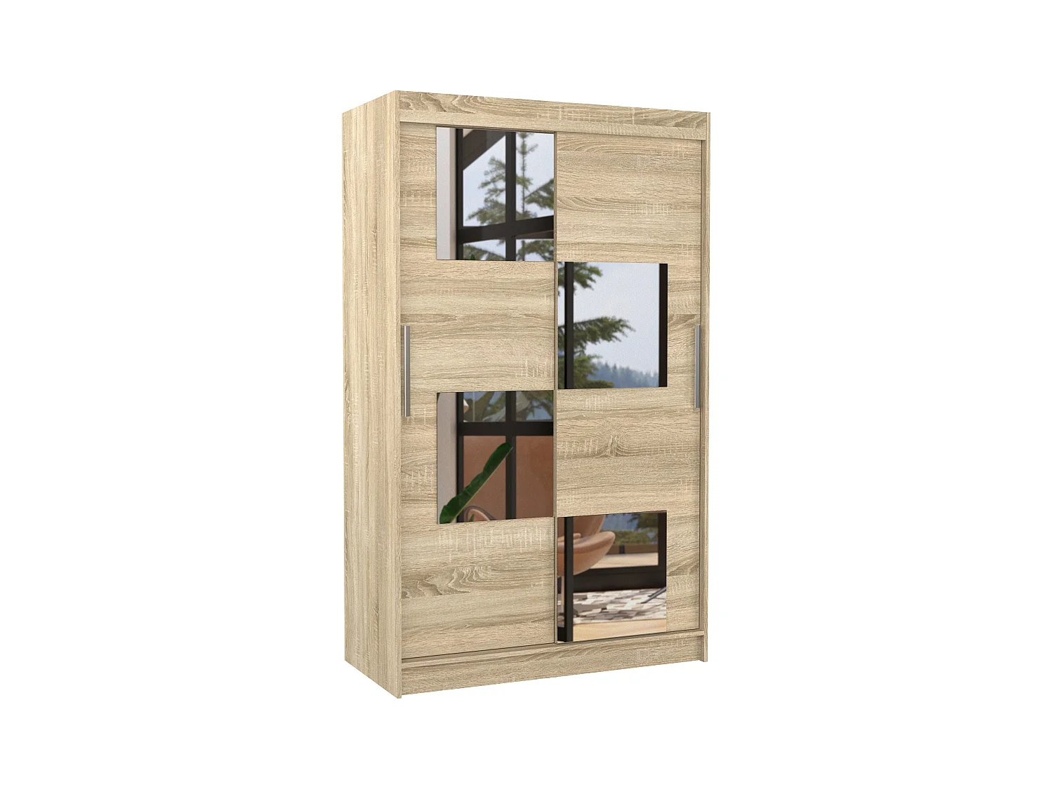 Petite armoire de chambre 2 portes coulissantes bois clair et 4 miroirs Luko 120cm
