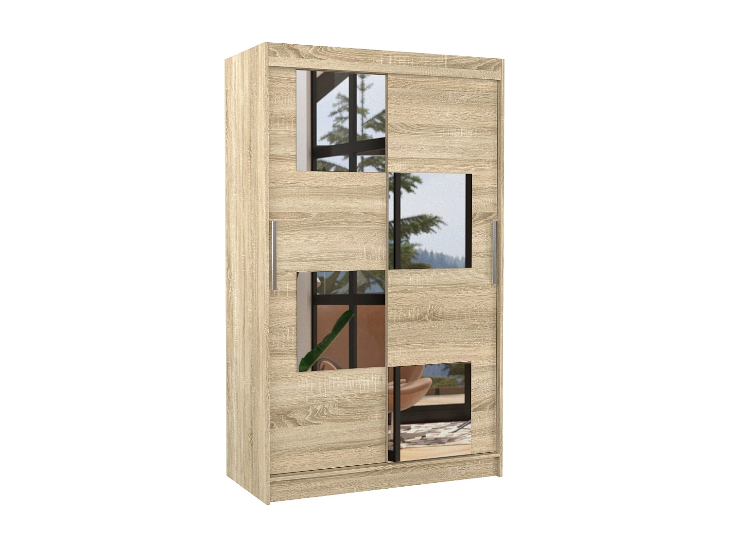 Petite armoire de chambre 2 portes coulissantes bois clair et 4 miroirs Luko 120cm