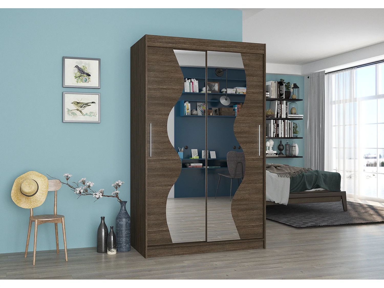 Petite armoire de chambre 2 portes coulissantes bois marron et miroir Vaguz 120cm