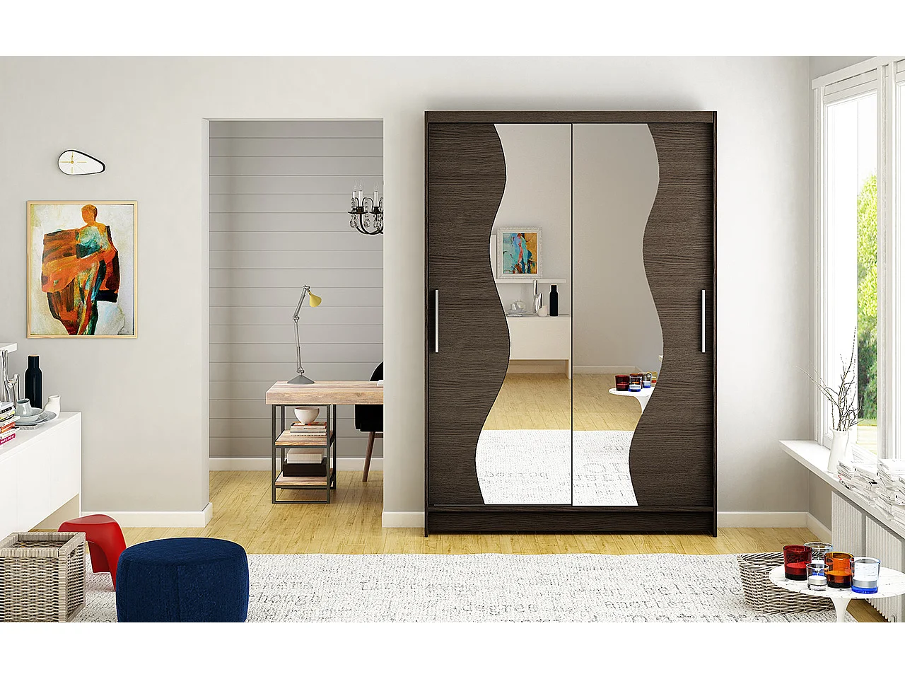 Petite armoire de chambre 2 portes coulissantes bois marron et miroir Vaguz 120cm