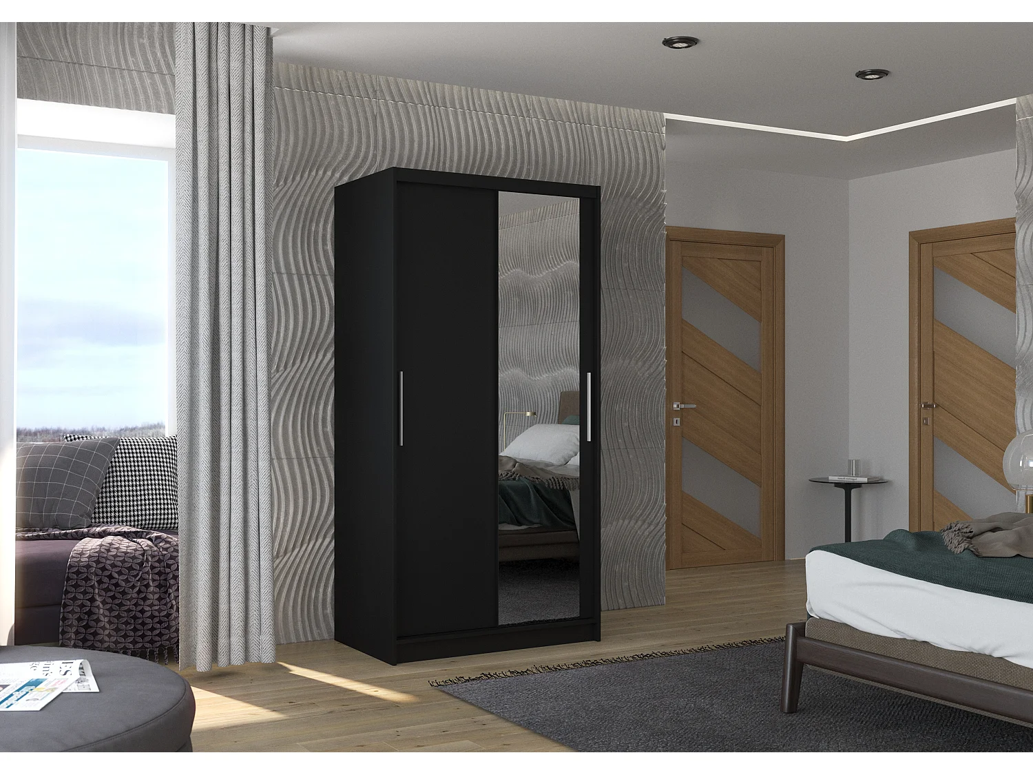 Petite armoire de chambre BAZO 2 portes coulissantes bois et miroir-Noir-Largeur 100 cm
