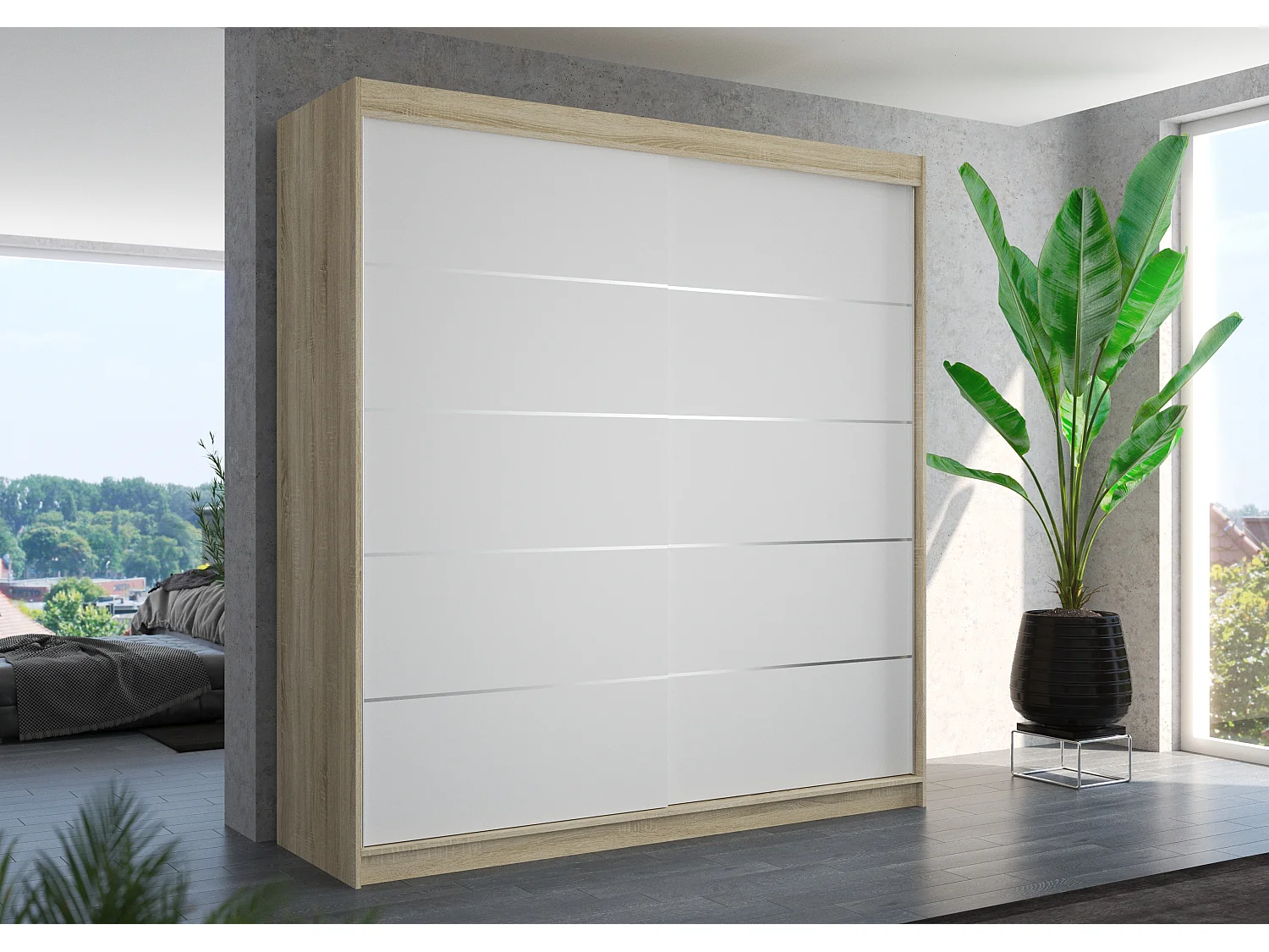 Armoire chambre adulte naturel et blanc 2 portes coulissantes Yvona 200cm