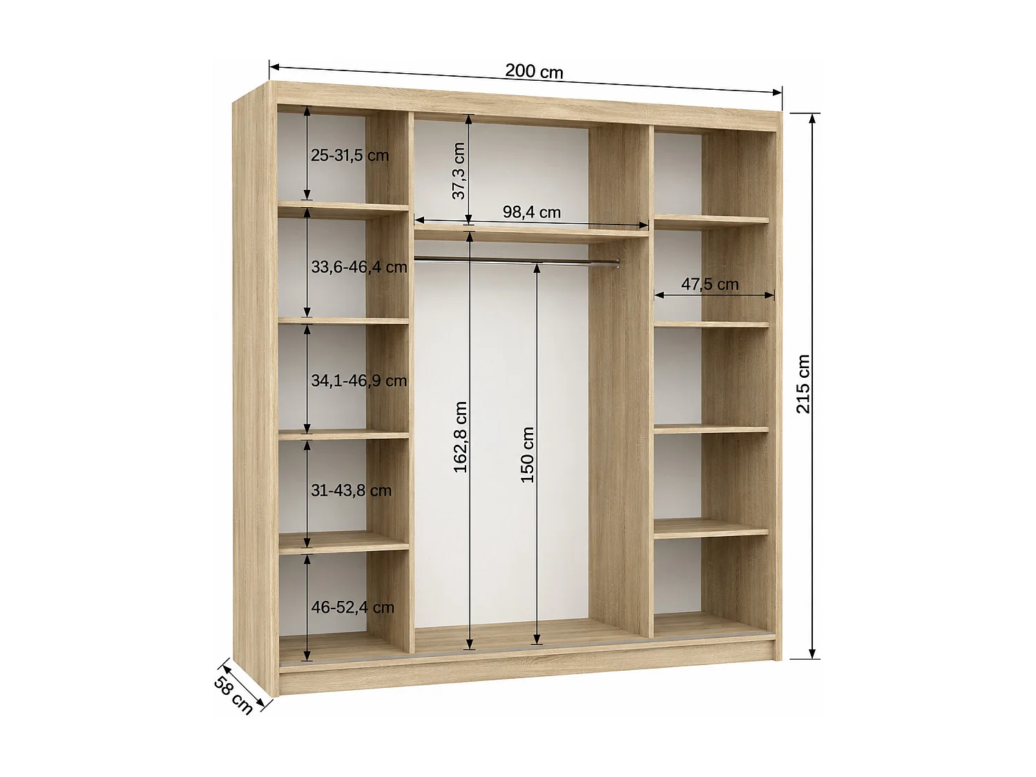 Armario VONA de 200 cm para dormitorio de adulto – Diseño contemporáneo-Natural y blanco
