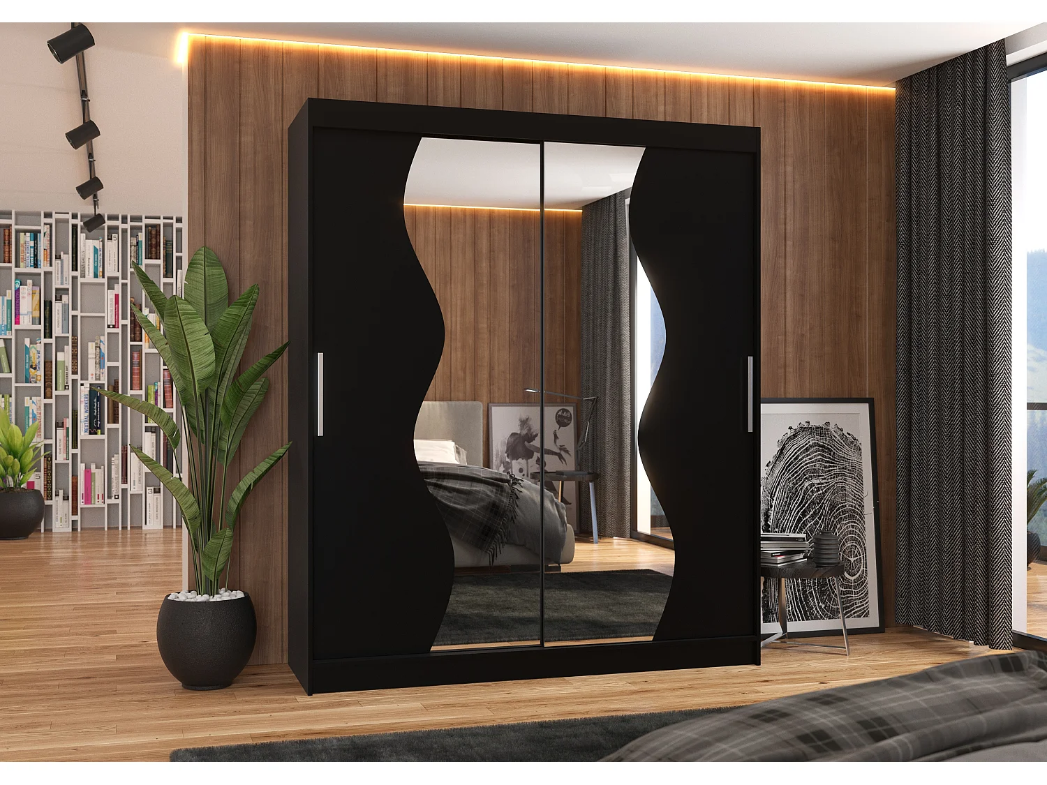 Armoire de chambre moderne noir 2 portes coulissantes avec miroir Voky 180cm