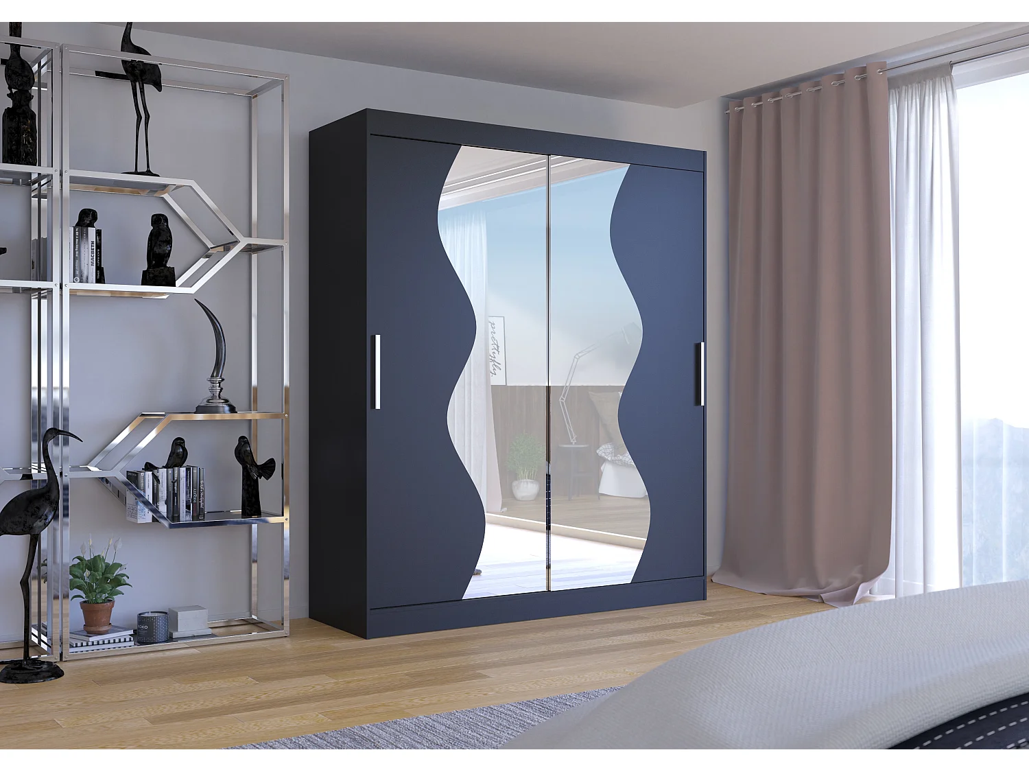 Armoire de chambre moderne noir 2 portes coulissantes avec miroir Voky 180cm