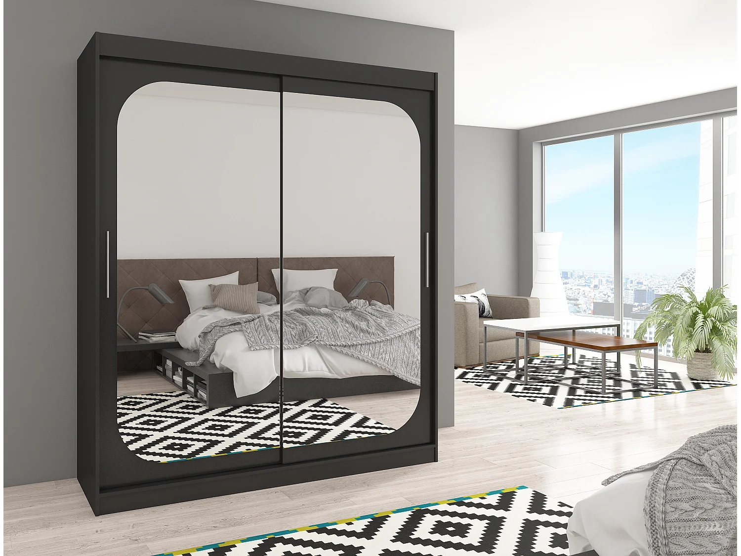 Armoire de chambre design noir 2 portes coulissantes avec miroir Ibizo 180cm