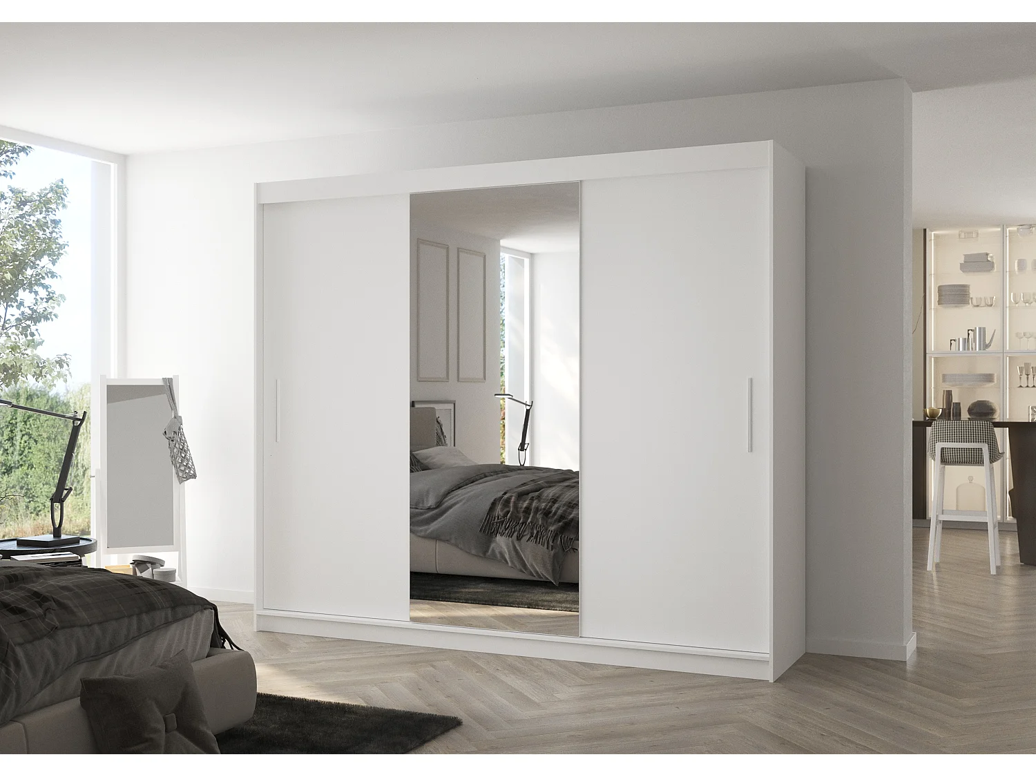 Grande armoire de chambre à coucher 3 portes coulissantes blanches et miroir Dany 250cm