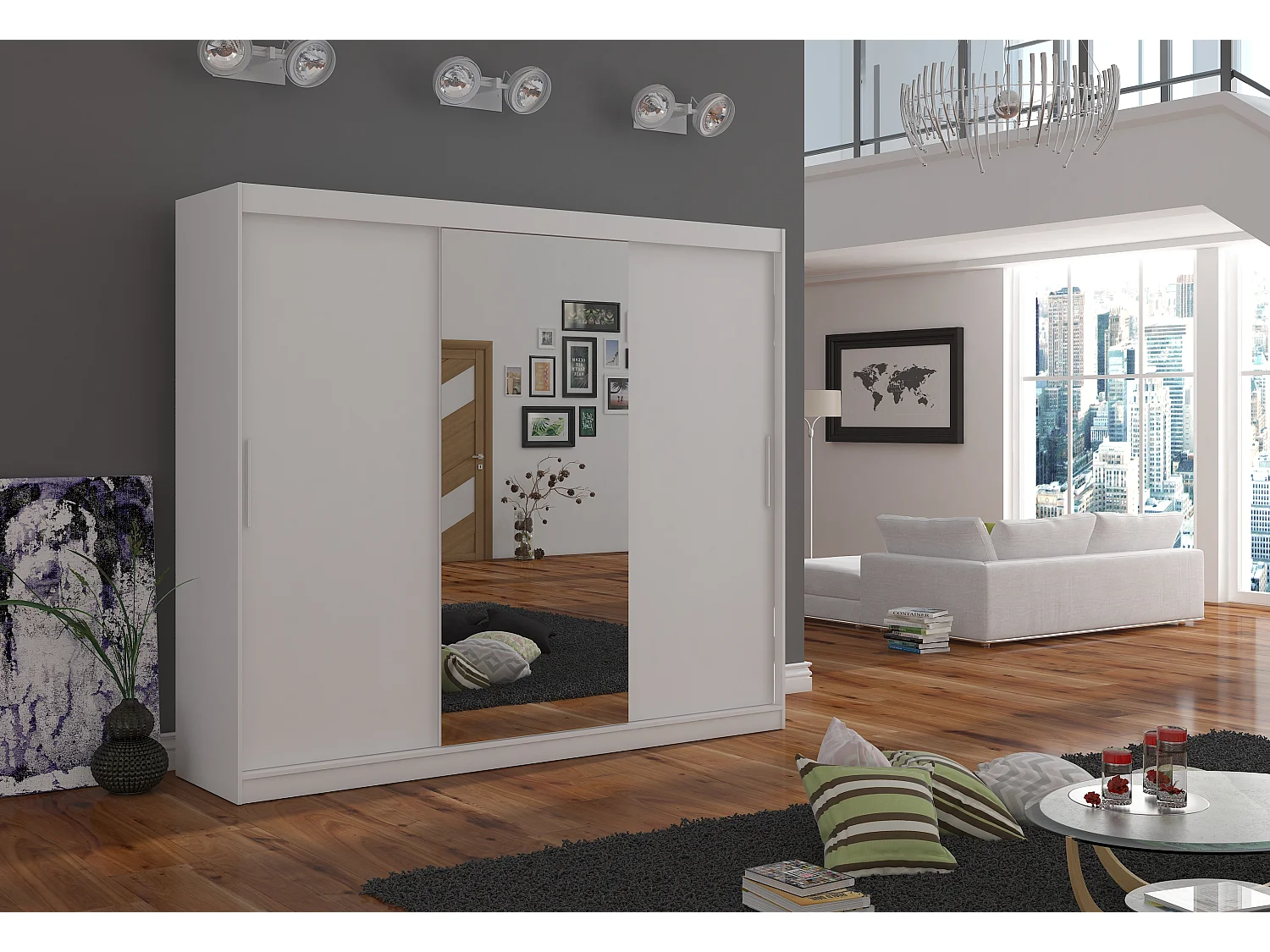 Grande armoire de chambre à coucher 3 portes coulissantes blanches et miroir Dany 250cm