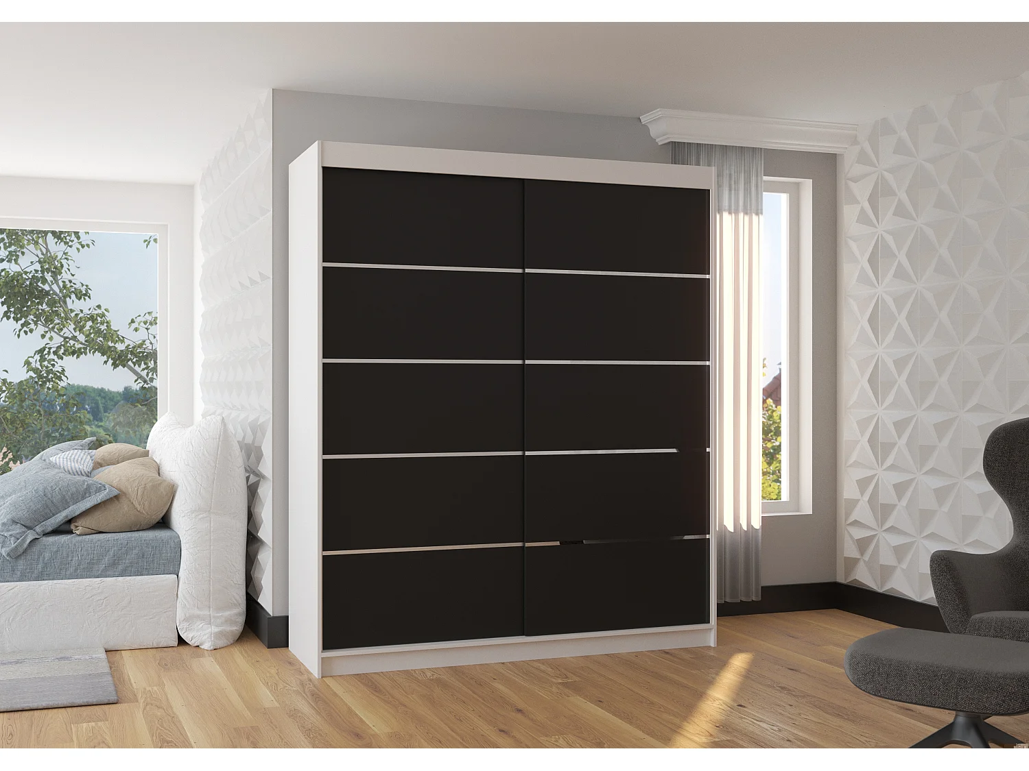 Armoire de chambre à coucher blanche 2 portes coulissantes noir et alu Pimka 180cm