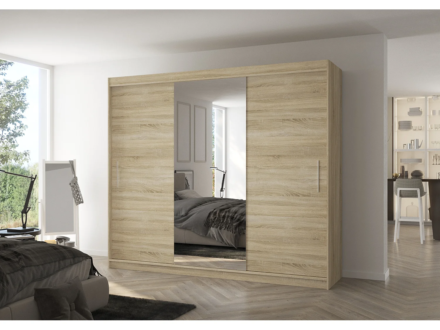 Grande armoire de chambre à coucher 3 portes coulissantes bois clair et miroir Dany 250cm