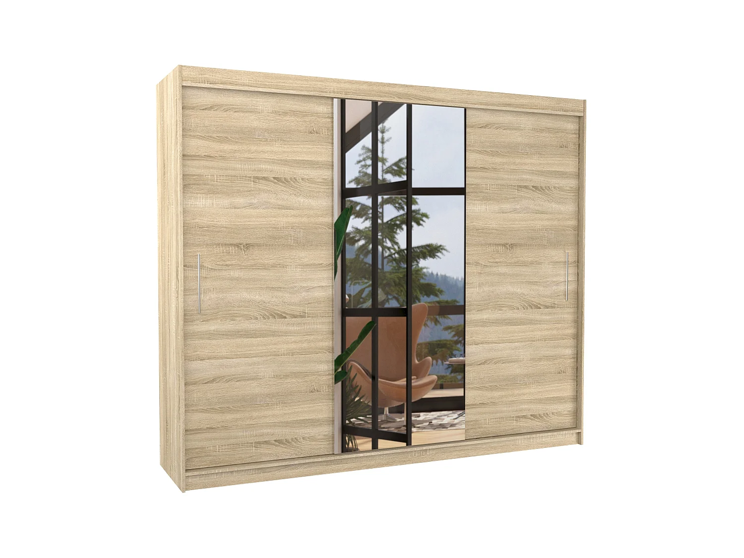 Grande armoire de chambre à coucher 3 portes coulissantes bois clair et miroir Dany 250cm