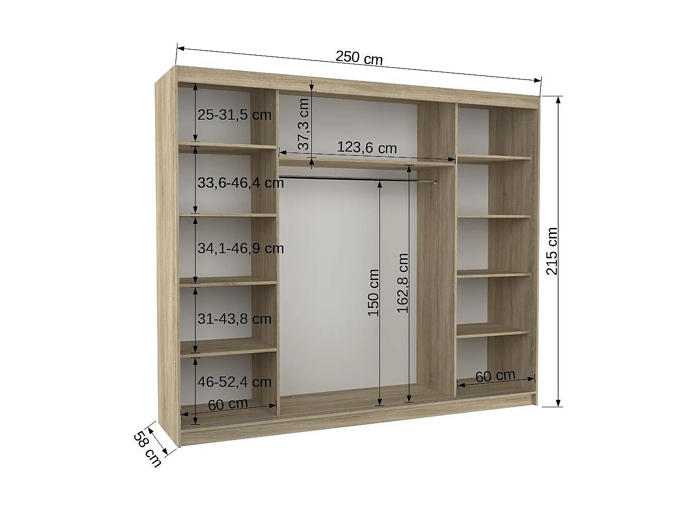 Grande armoire de chambre à coucher 3 portes coulissantes bois clair et miroir Dany 250cm
