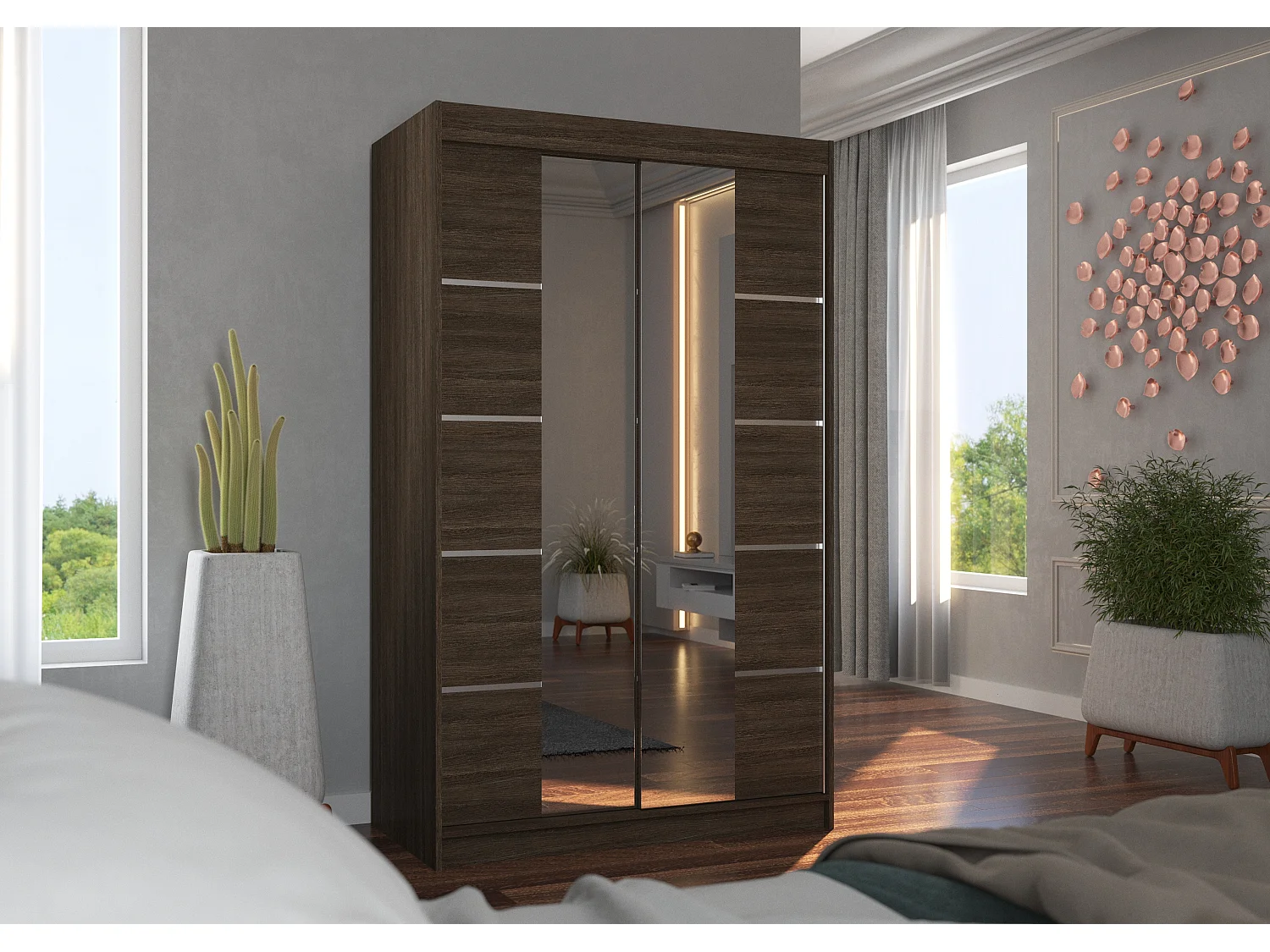 Petite armoire design de chambre à coucher 2 portes coulissantes marron et miroir Kinzo 120cm
