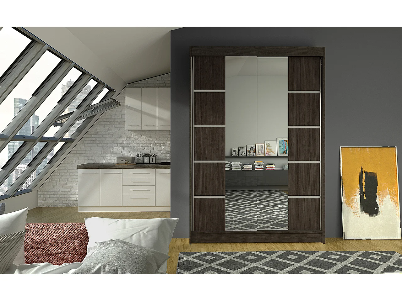 Petite armoire design de chambre à coucher 2 portes coulissantes marron et miroir Kinzo 120cm