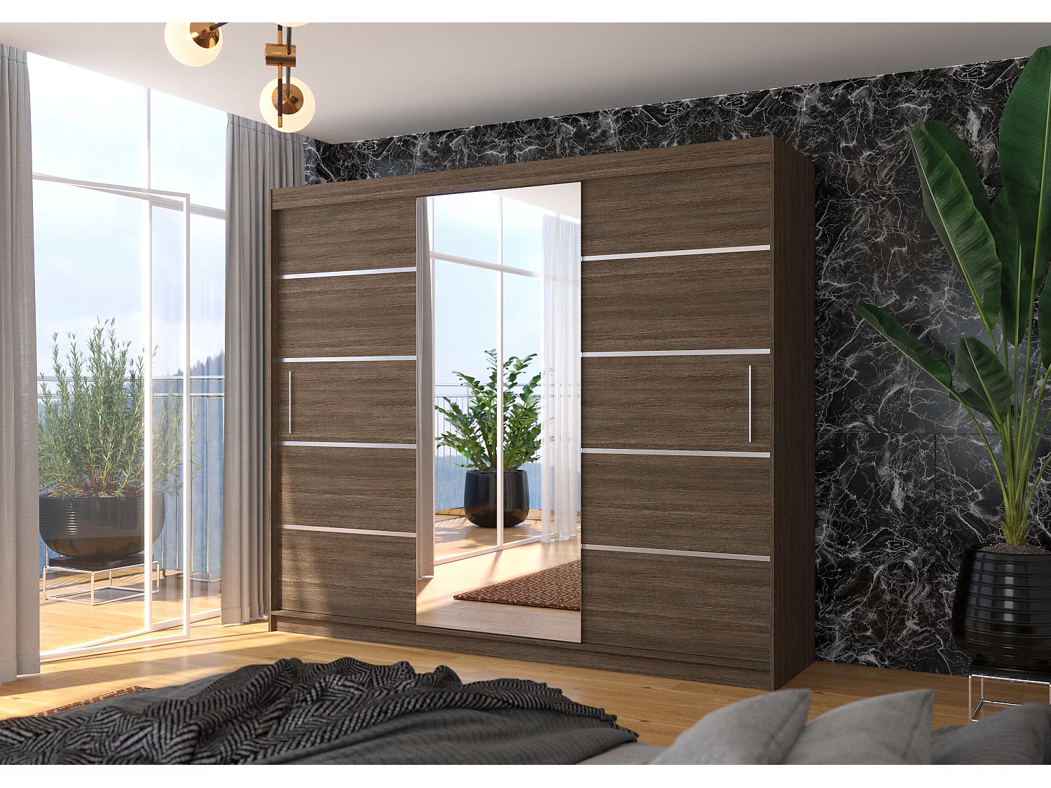 Grande armoire de chambre à coucher 3 portes coulissantes marron et alu avec miroir Cindy 250cm