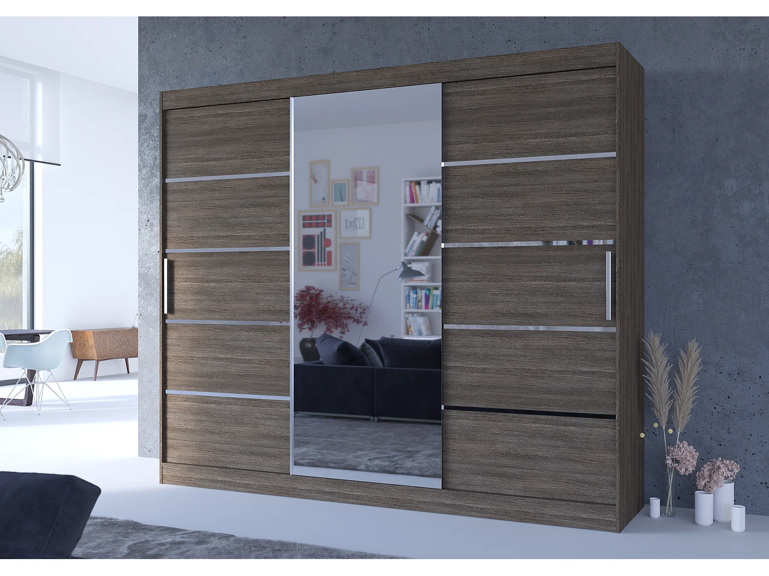 Grande armoire de chambre à coucher 3 portes coulissantes marron et alu avec miroir Cindy 250cm