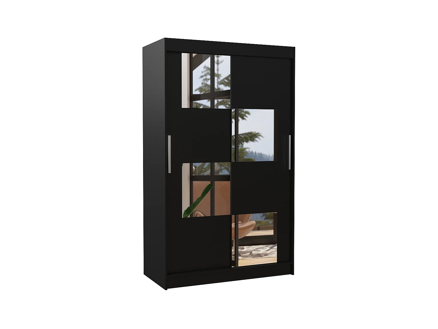 Petite armoire de chambre 2 portes coulissantes bois noir et 4 miroirs Luko 120cm