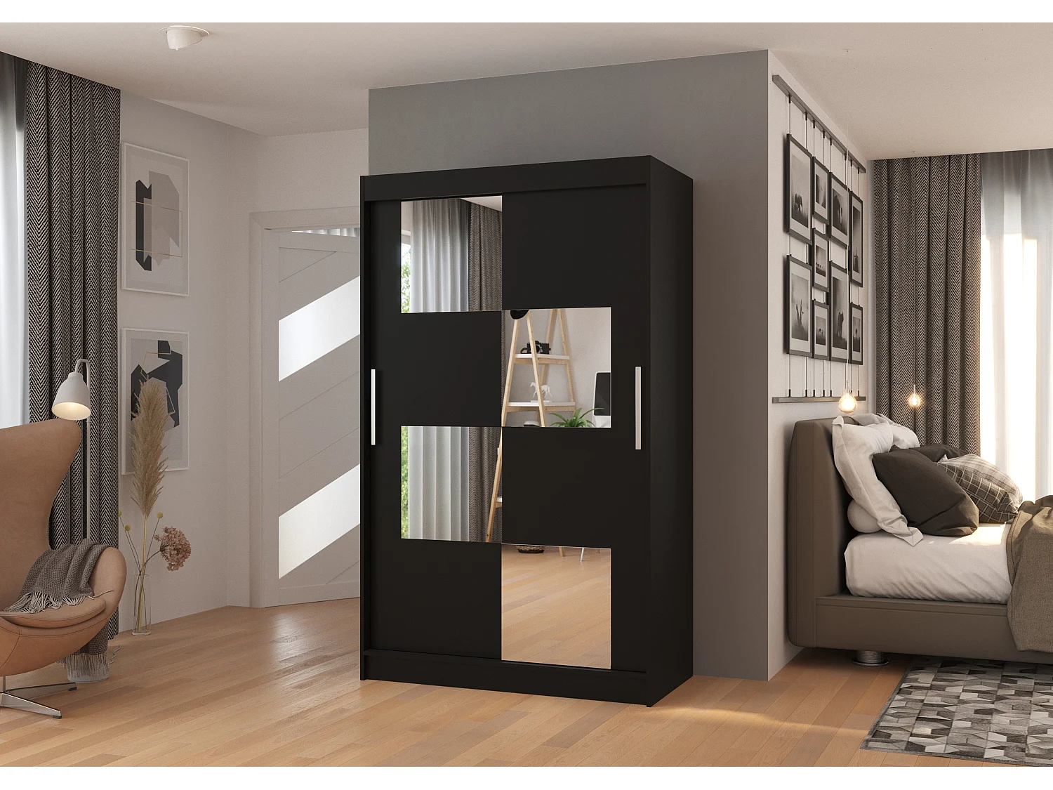 Petite armoire de chambre 2 portes coulissantes bois noir et 4 miroirs Luko 120cm