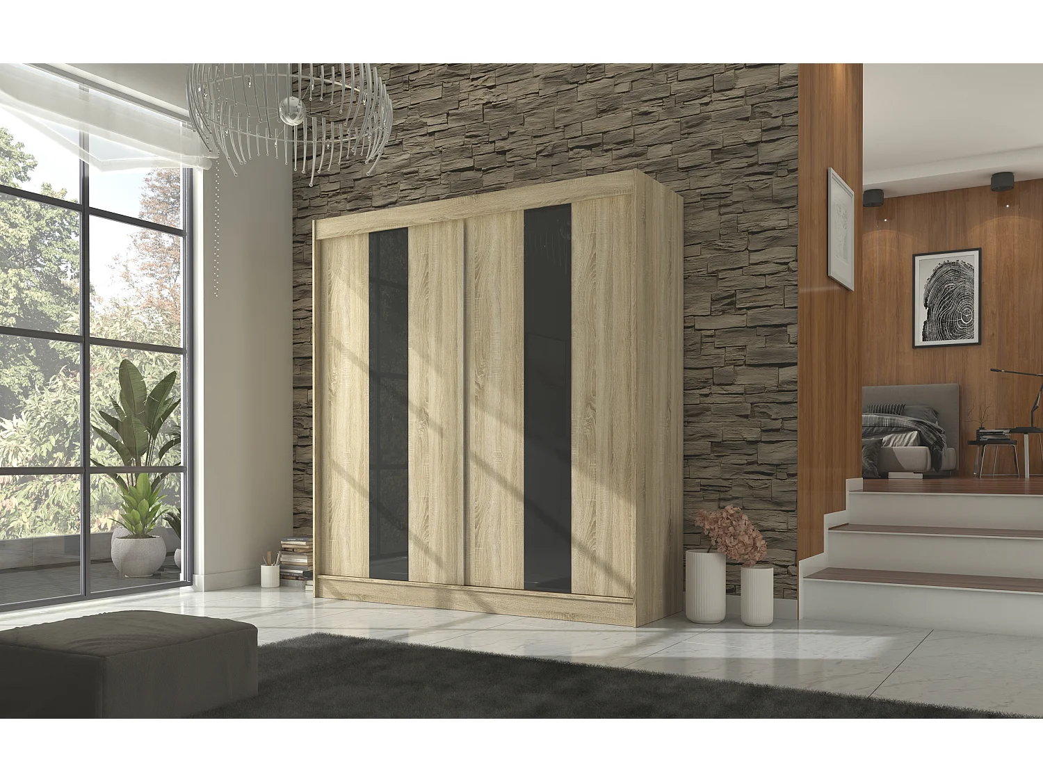 Armoire de chambre à portes coulissantes bois clair mat et noir laqué Karola - 3 tailles-Largeur 120 cm