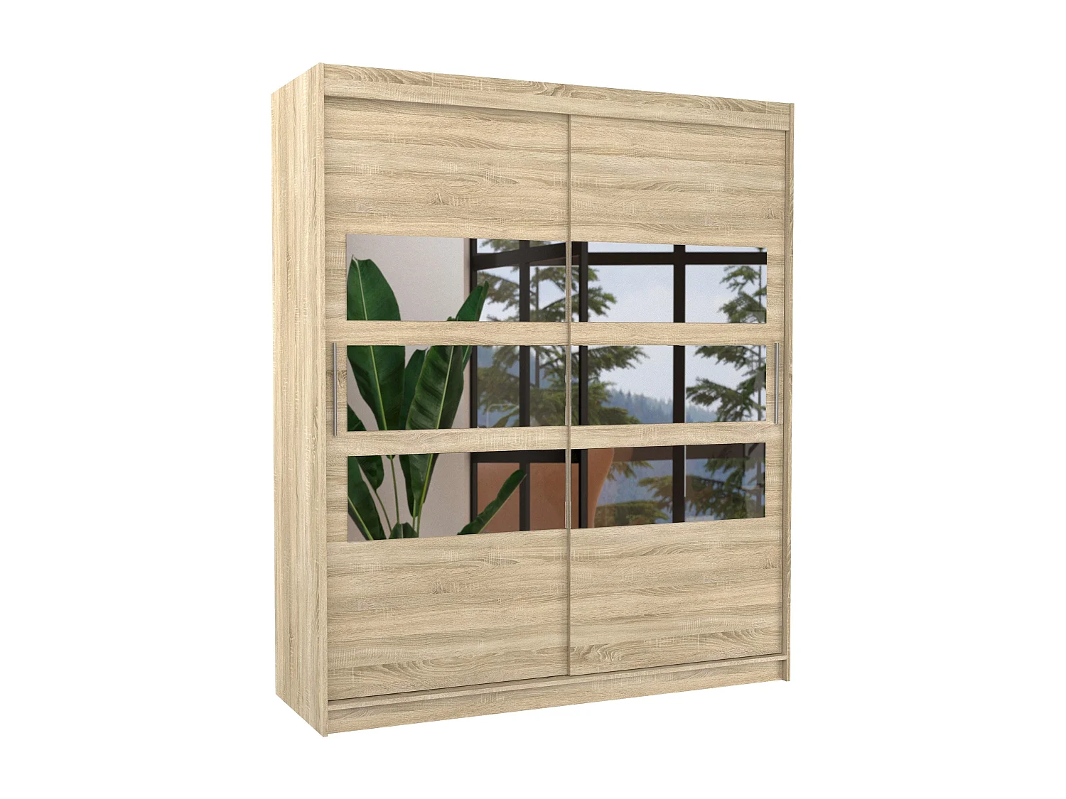 Armoire de chambre à coucher 2 portes coulissantes bois clair et 6 miroirs horizontaux Dolena 180cm