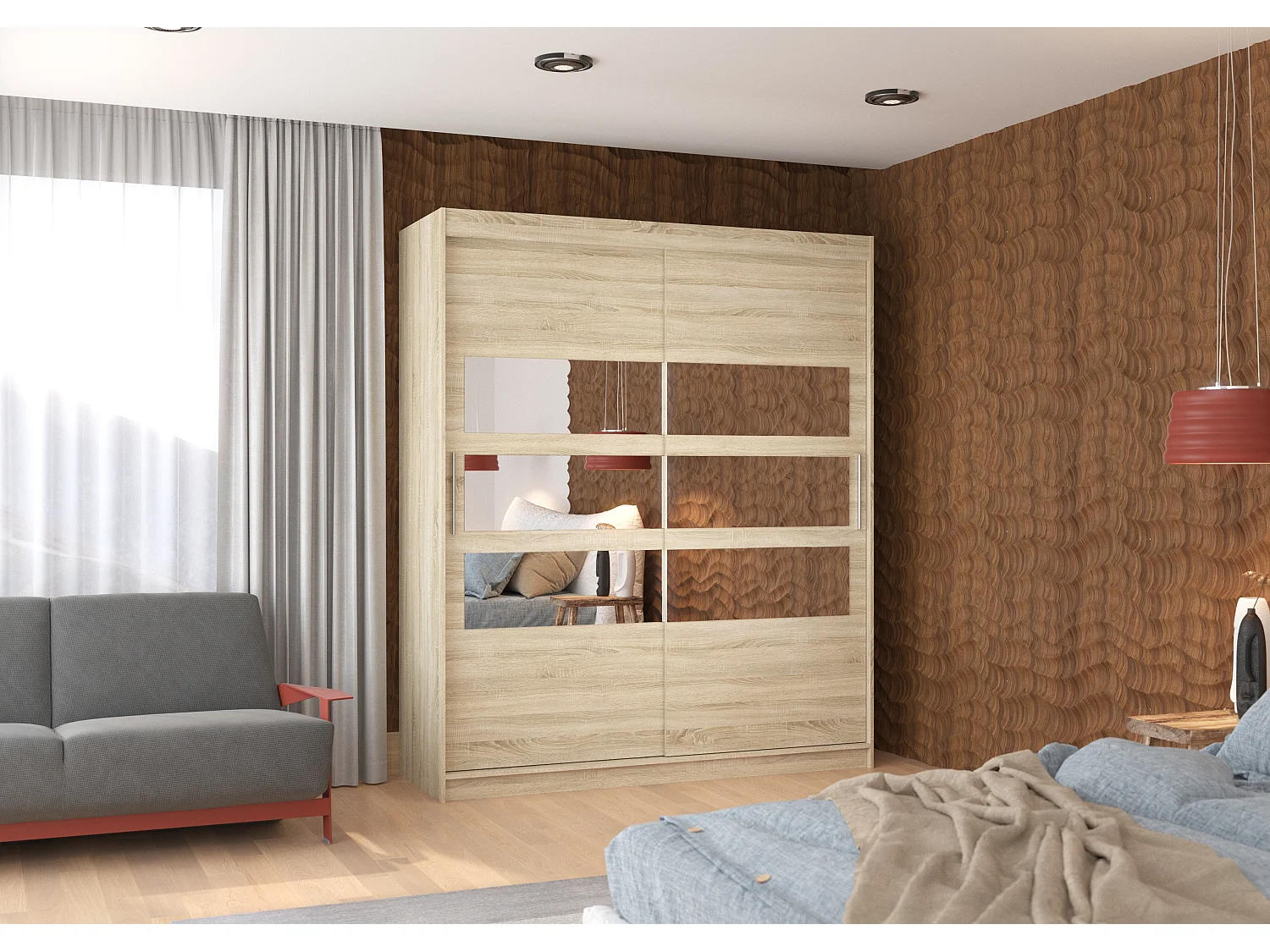 Armoire de chambre à coucher 2 portes coulissantes bois clair et 6 miroirs horizontaux Dolena 180cm