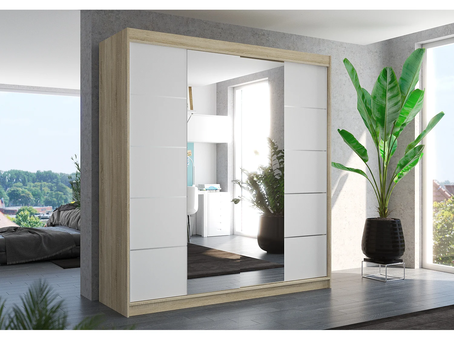 Armoire chambre adulte 2 portes coulissantes bois clair et blanc avec miroir Dalia 200cm